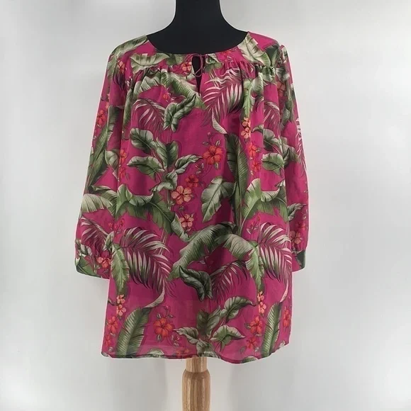Tommy Bahama silk blend Blouse Top Pink Green Tropical Floral Vacation sz lg - Picture 8 of 11